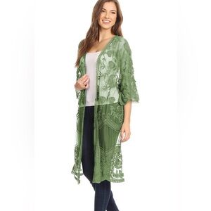 Boutique Olive Green Floral Crochet Lace Cardigan Beach Cover Up Dress Kimono! π